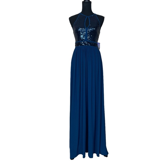 NWT Morgan & Co. Sequin A-Line Gown in Peacock Blue - Picture 5 of 15
